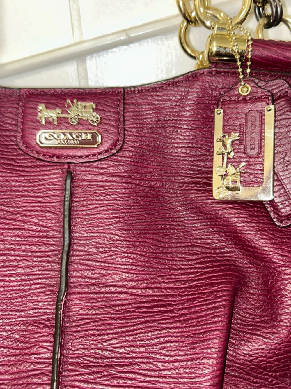 Coach Pebbled Leather Shoulder Bag in Berry with Gold Hardware